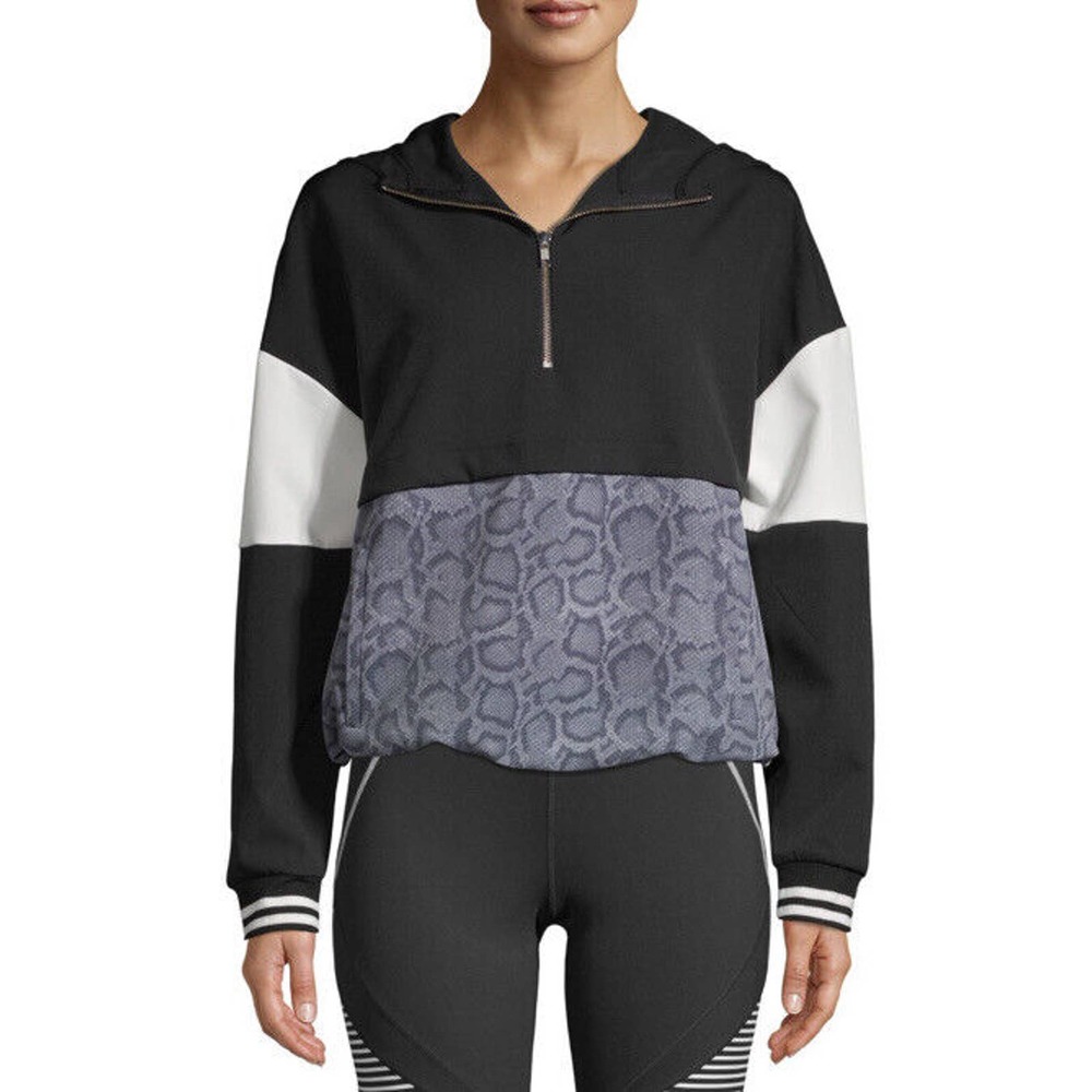 Avia Womens Athleisure 1/4 Zip Colorblock Pullover Hoodie Black Snake Print XS‎